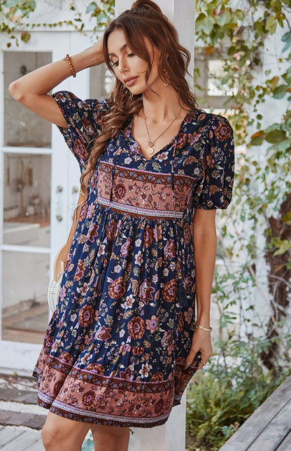 Floral Print Puff Sleeve Bohemian Dress