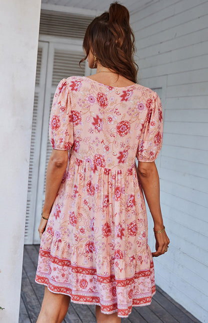 Floral Print Puff Sleeve Bohemian Dress