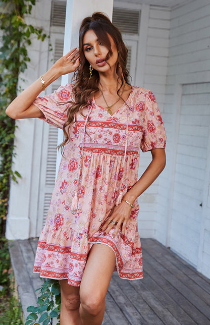 Floral Print Puff Sleeve Bohemian Dress