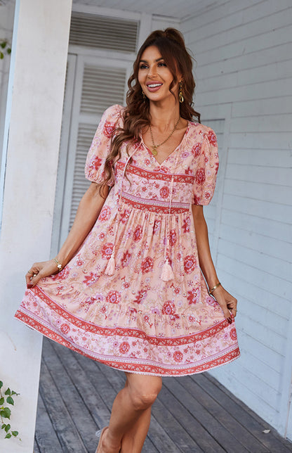 Floral Print Puff Sleeve Bohemian Dress