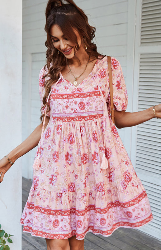 Floral Print Puff Sleeve Bohemian Dress