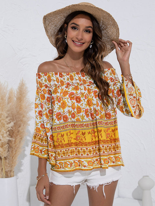 Women's One Shoulder  Floral Flared Sleeve Top