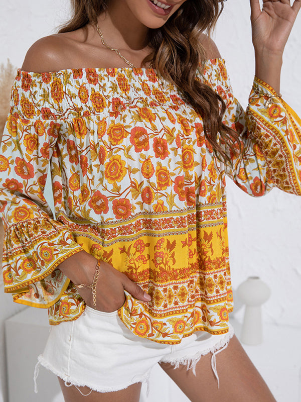 Women's One Shoulder  Floral Flared Sleeve Top