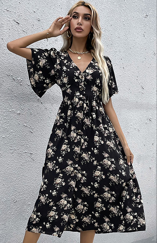 Women'S Short Sleeve Printed V-Neck Midi Dress