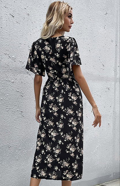 Women'S Short Sleeve Printed V-Neck Midi Dress