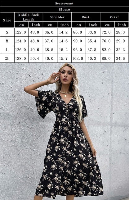 Women'S Short Sleeve Printed V-Neck Midi Dress