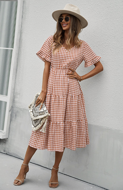 Women's spring and summer sexy big swing skirt plaid temperament dress