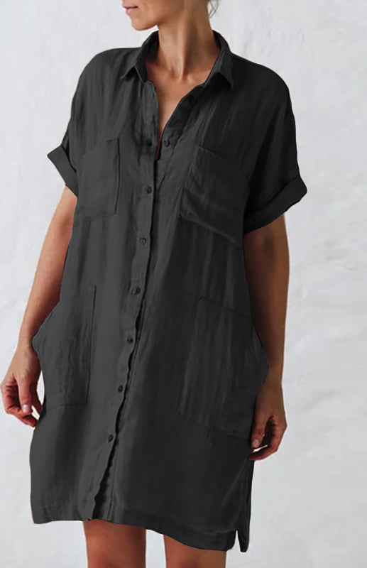 Lapel Button Pocket Short Sleeve Shirt Dress