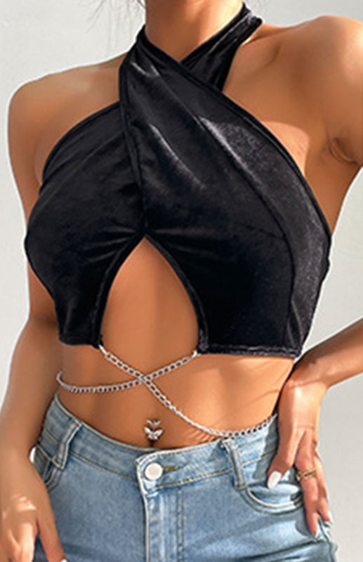 Women's Solid Knit Chain Velvet Halter Tank Top