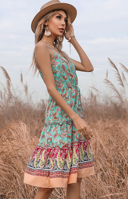 Women's Ethnic Print Boho V-Neck Slip Dress