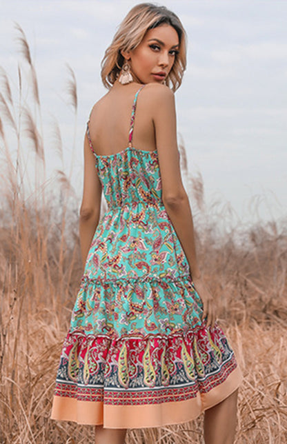 Women's Ethnic Print Boho V-Neck Slip Dress