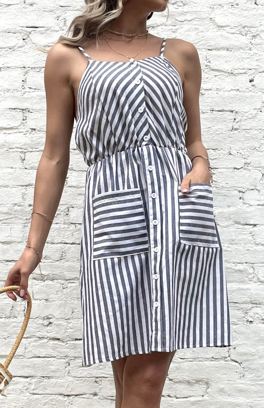 Women's Slip Dress Grey Striped Cotton Linen Dress