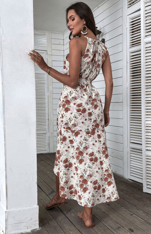 Women's Seaside Resort Slip Dress Halter Floral Print White Dress