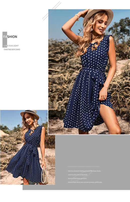 Crew Neck Short Sleeve Polka Dot Lace Up Dress