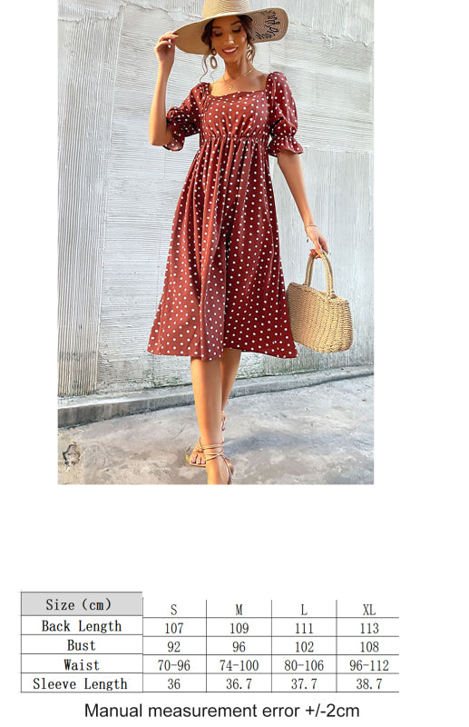 Square Neck Vintage Ruffle High Waist Polka Dot Dress