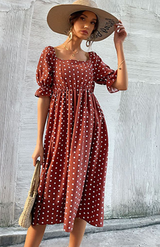 Square Neck Vintage Ruffle High Waist Polka Dot Dress