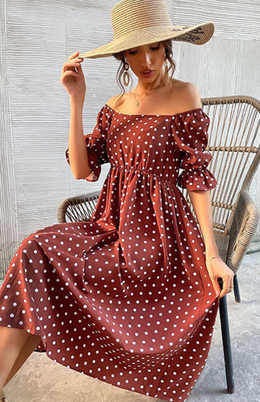 Square Neck Vintage Ruffle High Waist Polka Dot Dress