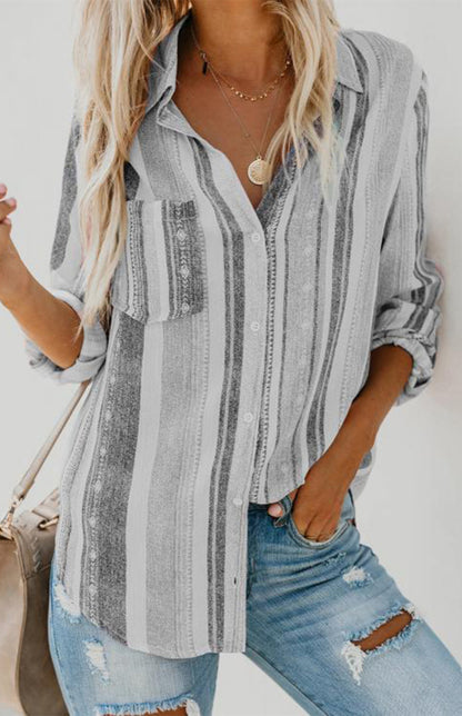 Linen Turn-down Collar Sweet Enough Striped Button Up Top