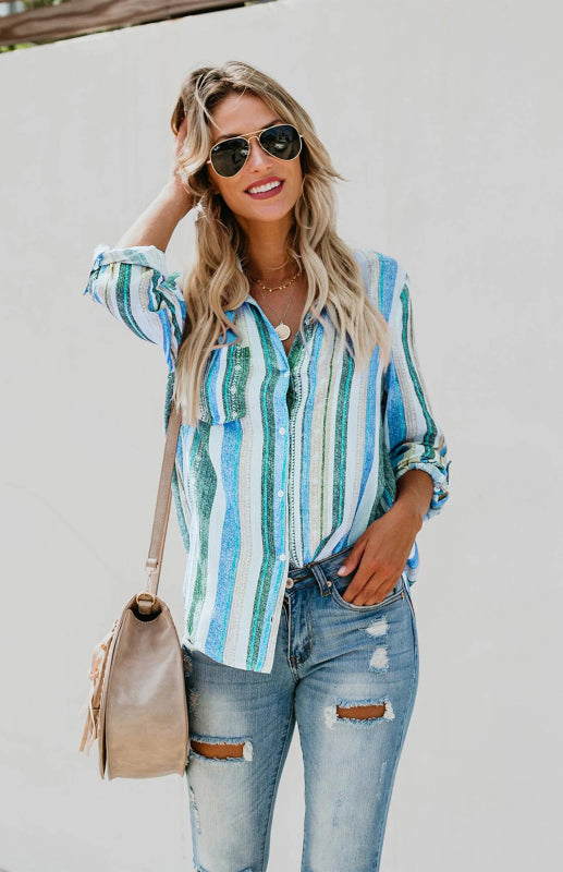 Linen Turn-down Collar Sweet Enough Striped Button Up Top