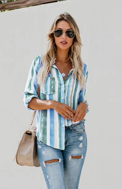 Linen Turn-down Collar Sweet Enough Striped Button Up Top