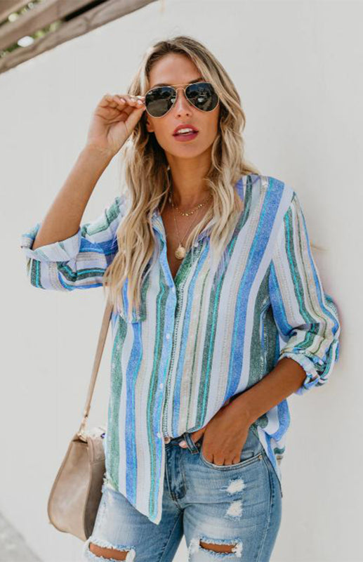 Linen Turn-down Collar Sweet Enough Striped Button Up Top