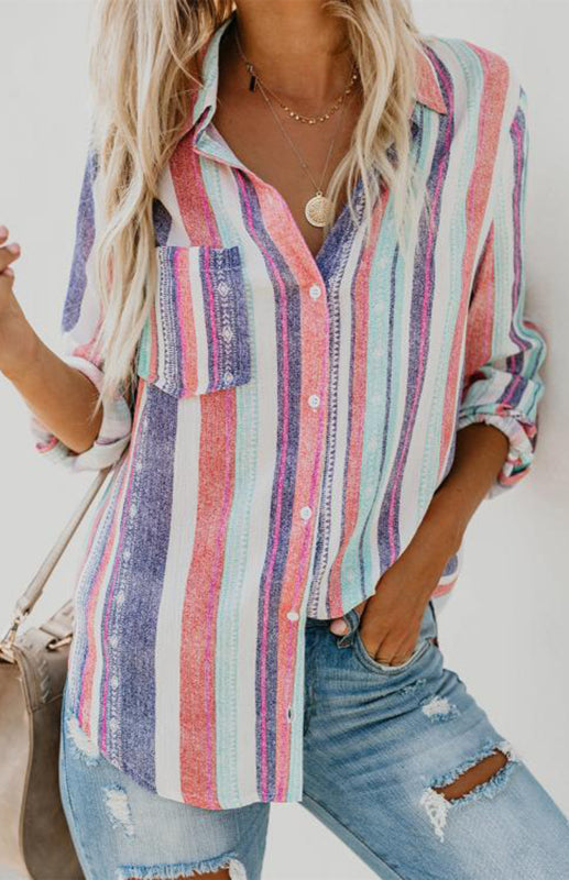 Linen Turn-down Collar Sweet Enough Striped Button Up Top