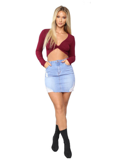 Women's ripped loose and slim denim skirt