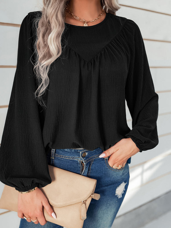 Women's casual loose round neck solid color pullover shirt