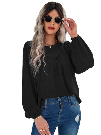 Women's casual loose round neck solid color pullover shirt