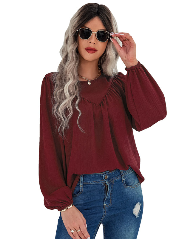 Women's casual loose round neck solid color pullover shirt