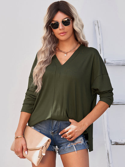 Women's solid color Pullover thin knit V-neck knit top