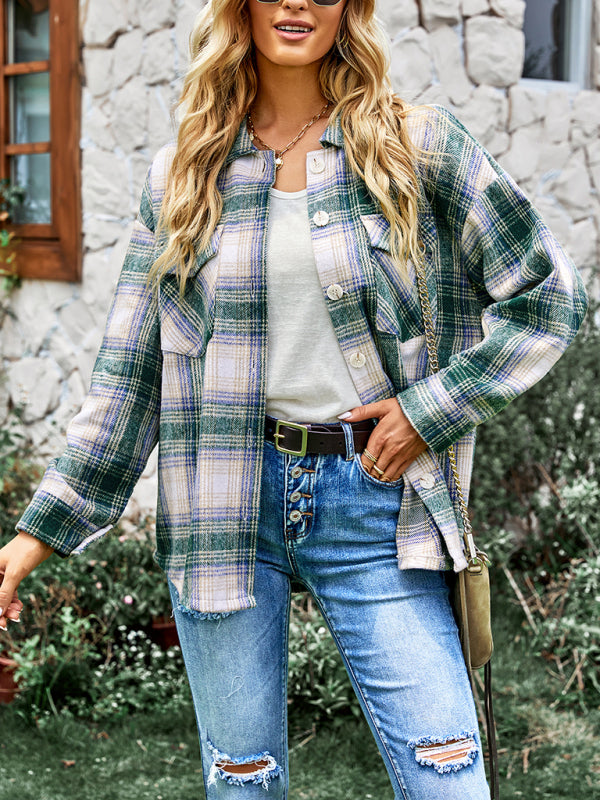 Women's medium length versatile plaid shirt top coat