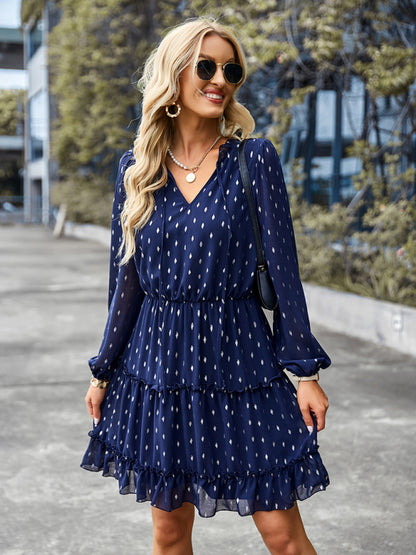 Women's V-neck sexy waist closed long sleeve A-line skirt dress