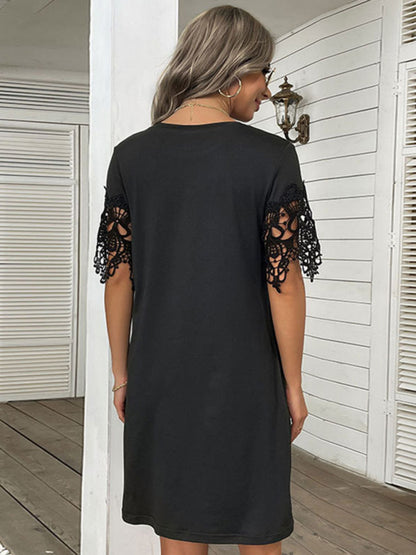 Beauty Short Sleeve T-Shirt Dress Loose Lace Stitching Black Dress