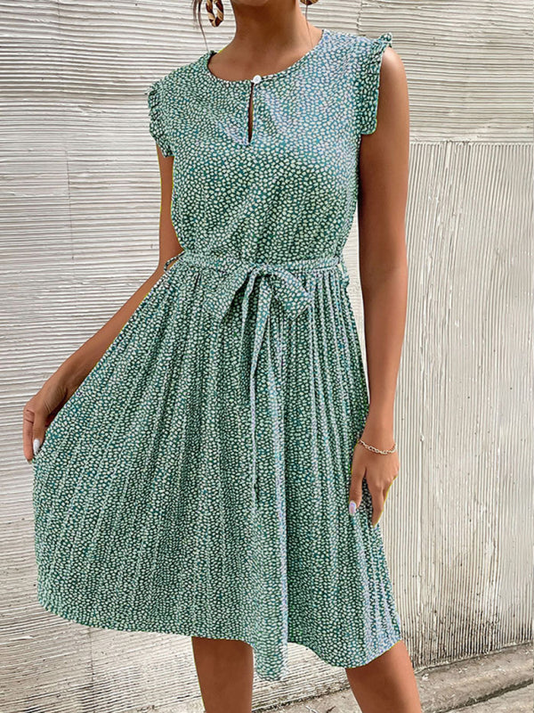 Casual Dress Lace-Up Pleated Green Floral Dress