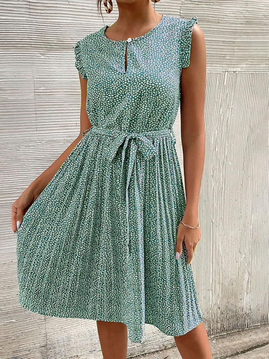 Casual Dress Lace-Up Pleated Green Floral Dress