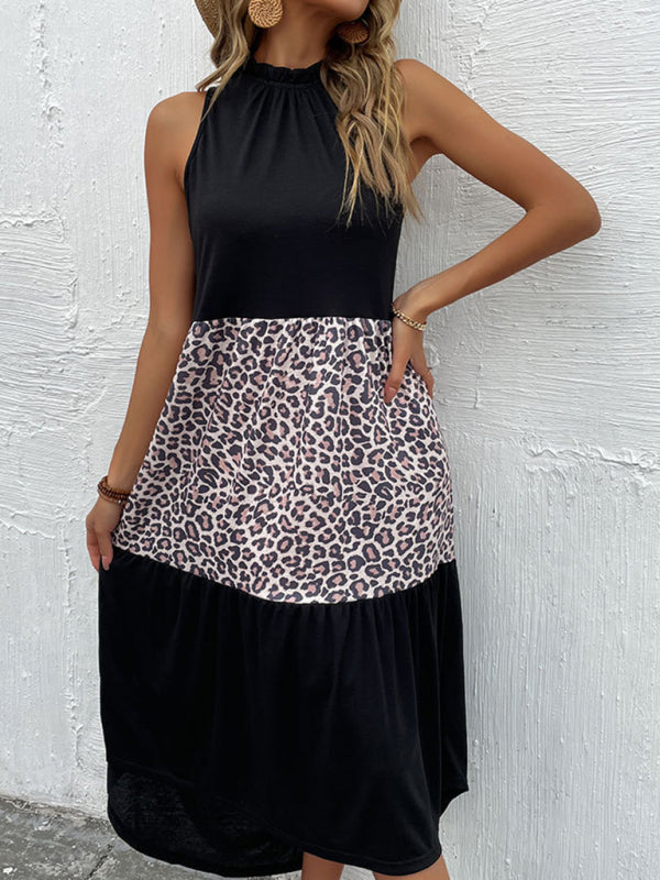 Halter Dress Slim Fit Sleeveless Leopard Panel Dress