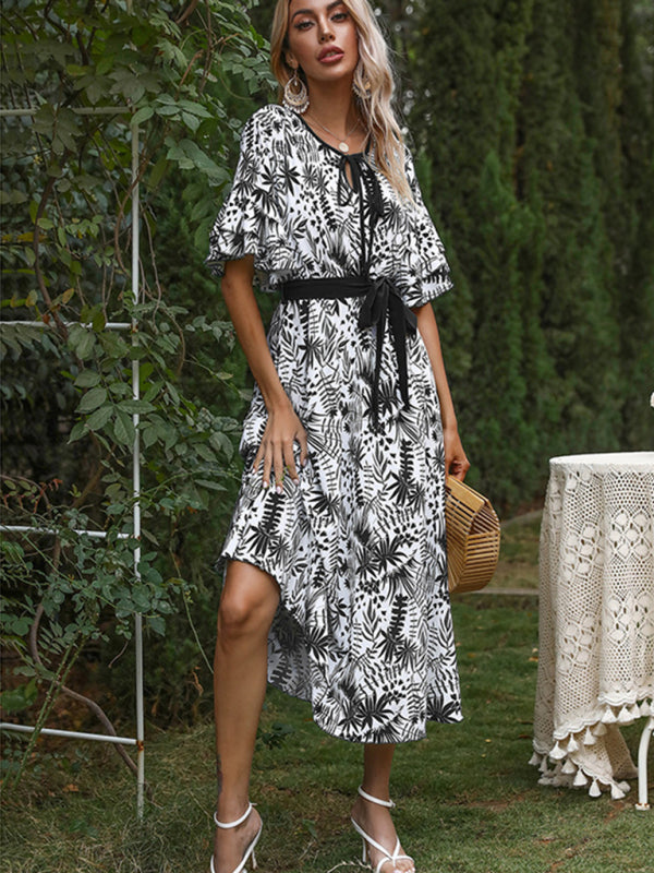 Printed v-neck short-sleeved Mori temperament dress long