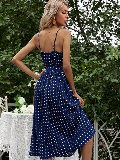 polka-dot slip dress mid-length lace-up pleated dress