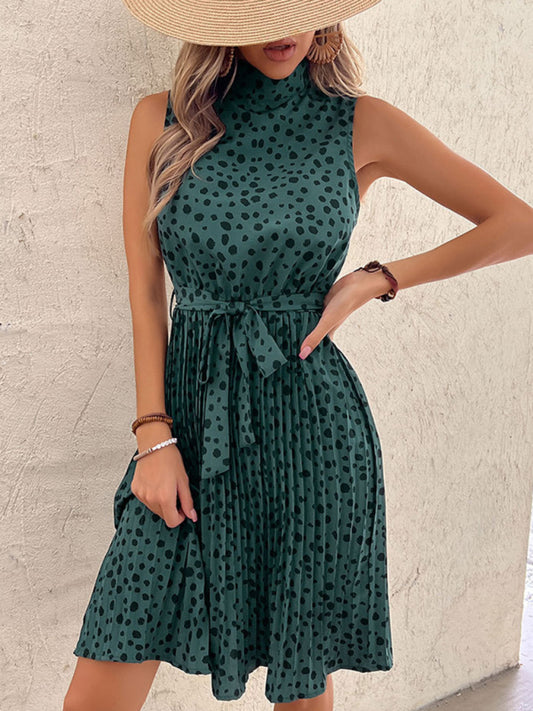 European and American sleeveless halterneck skirt ruffled green leopard print dress