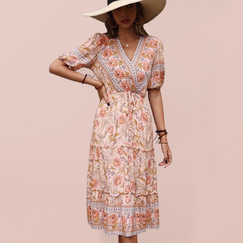 Vintage Women's Pink Fungus Print V-Neck Midi Dress