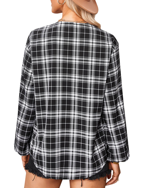 Women's fashion check Round Neck Shirt