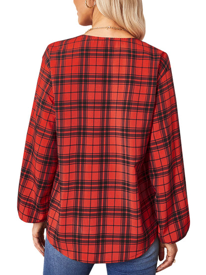 Women's fashion check Round Neck Shirt