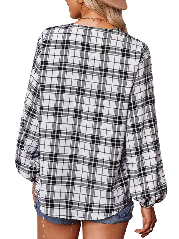 Women's fashion check Round Neck Shirt