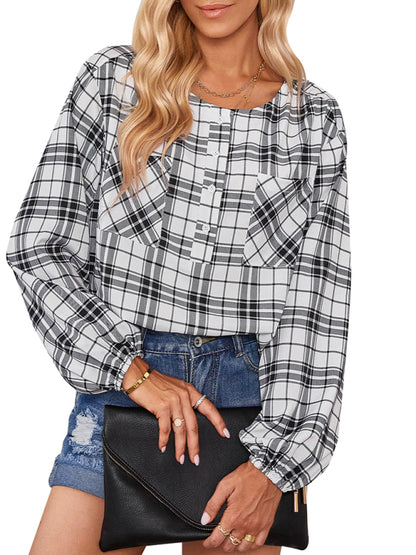 Women's fashion check Round Neck Shirt