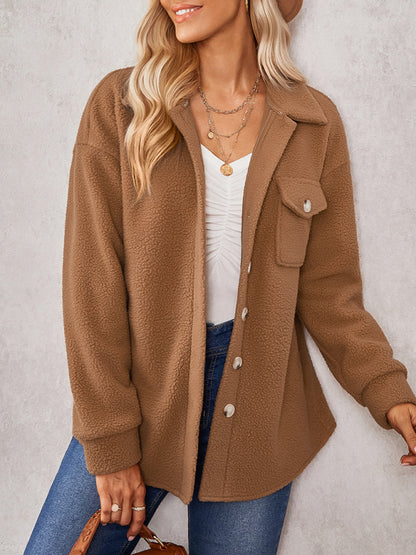 Women's solid color fashion Lapel Plush loose coat