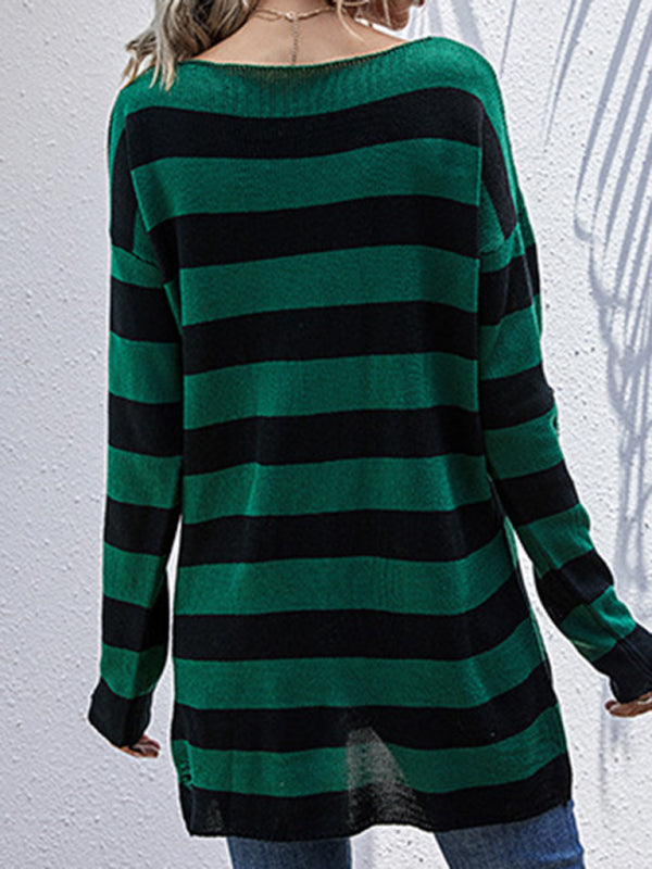 women's long ripped v-neck striped knitted bottoming sweater