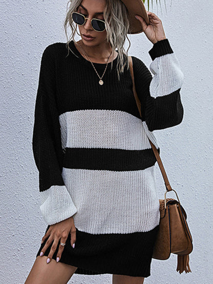 women's long color matching knitted round neck sweater dress