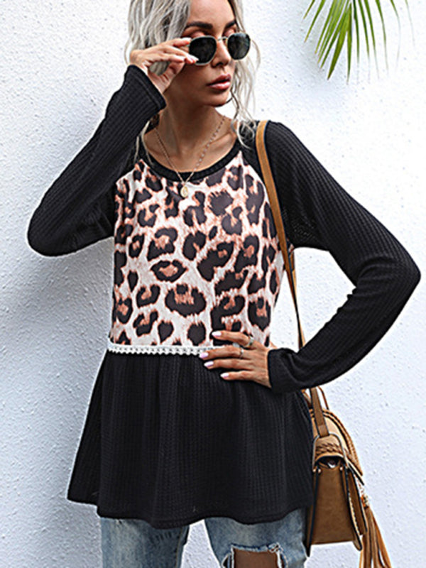 Paneled Long Sleeve Leopard Print Black Slim Fit Knit Sweater