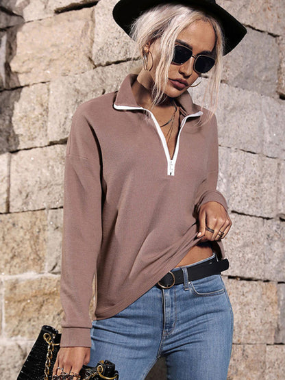 Top Zip Long Sleeve Lapel Knit Sweater